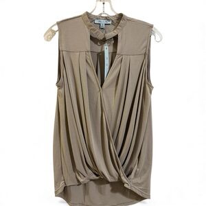 She + Sky Sleeveless Taupe Drape Blouse. Snap Front